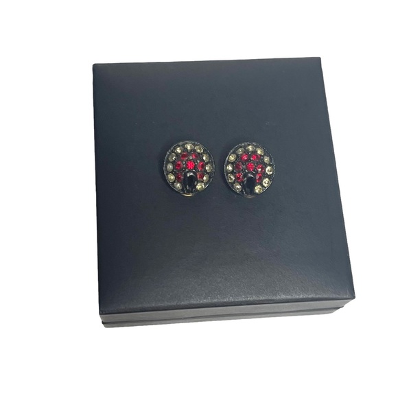 Vintage Bronze Button Clip Back Earrings w/faux Ruby and Amber Rhinestones - Picture 8 of 8